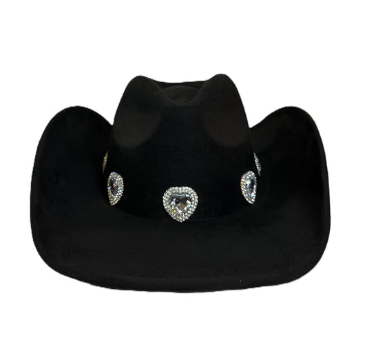 Black Rhinestone Heart Cowboy Hat – Western Glam Rodeo Hat – Festival Statement Accessory – Country Concert Hat – Cowgirl Hat with Bling
