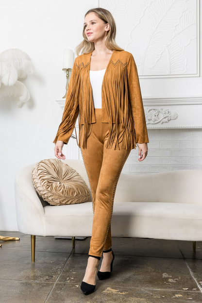 Women’s Western Fringe Suede Jacket with Stud Detail – Boho
