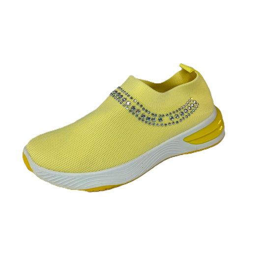 Adult Women's Walking Platform Sneaker - Yellow Rhinestone Slip-On Sneakers | White Women’s Sparkly Knit Walking Shoes | Lightweight Bling
