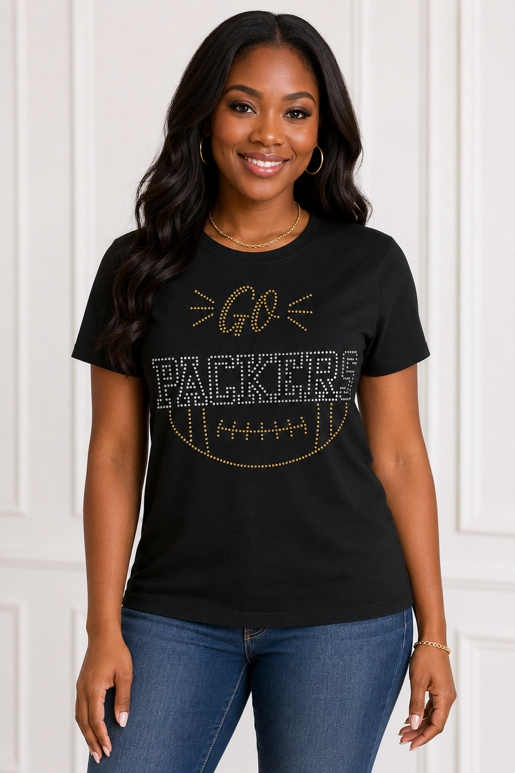 Green Bay Rhinestone Football T-Shirt