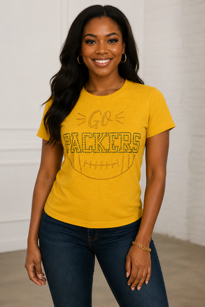 Green Bay Rhinestone Football T-Shirt