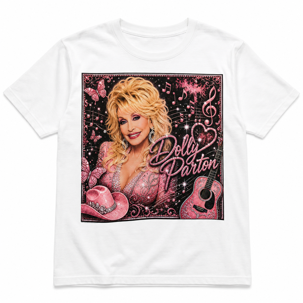 Dolly Parton Pink Rhinestone Glitter Graphic T-Shirt