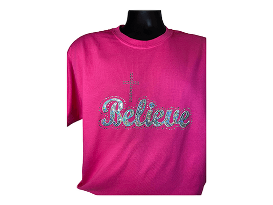 Gildan "Believe"  Rhinestone with Sequence Religious T-Shirt