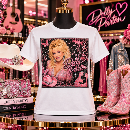 Dolly Parton Pink Rhinestone Glitter Graphic T-Shirt