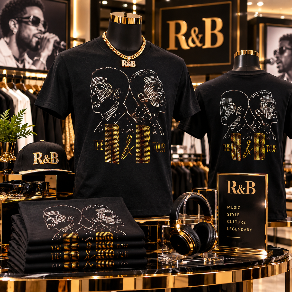 R&B Tour Gold Rhinestone Graphic T-Shirt
