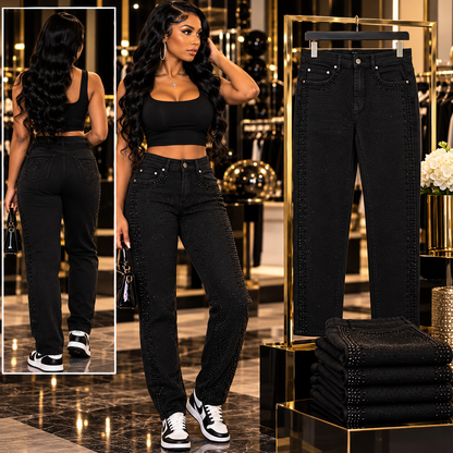 Men’s Rhinestone Studded Denim Jeans – Black & Red Slim Fit