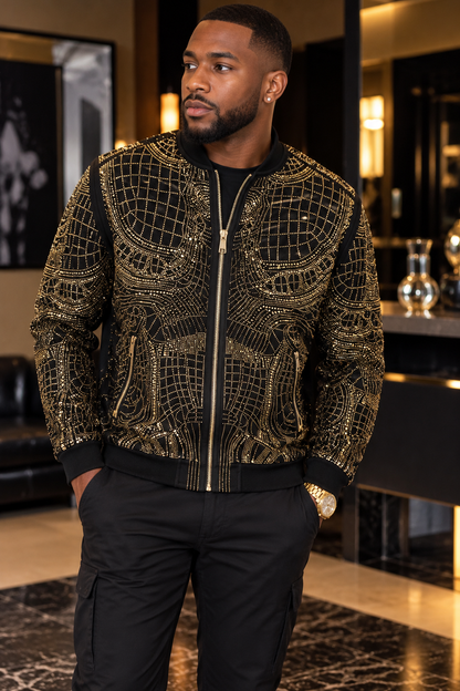 Men’s Black Rhinestone Bomber Jacket – Luxury Geometric Sparkle – Party / Stage / Designer Statement Wear