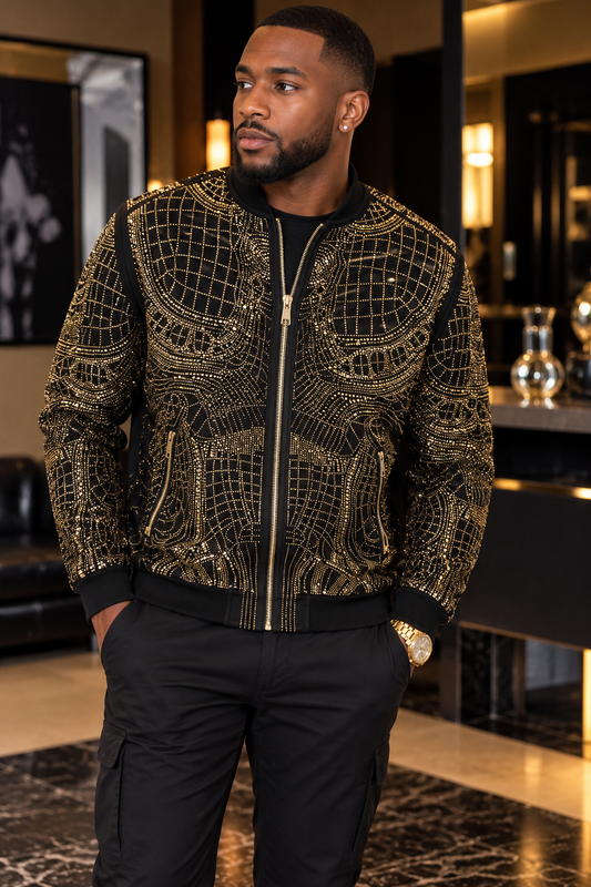 Men’s Black Rhinestone Bomber Jacket – Luxury Geometric Sparkle – Party / Stage / Designer Statement Wear