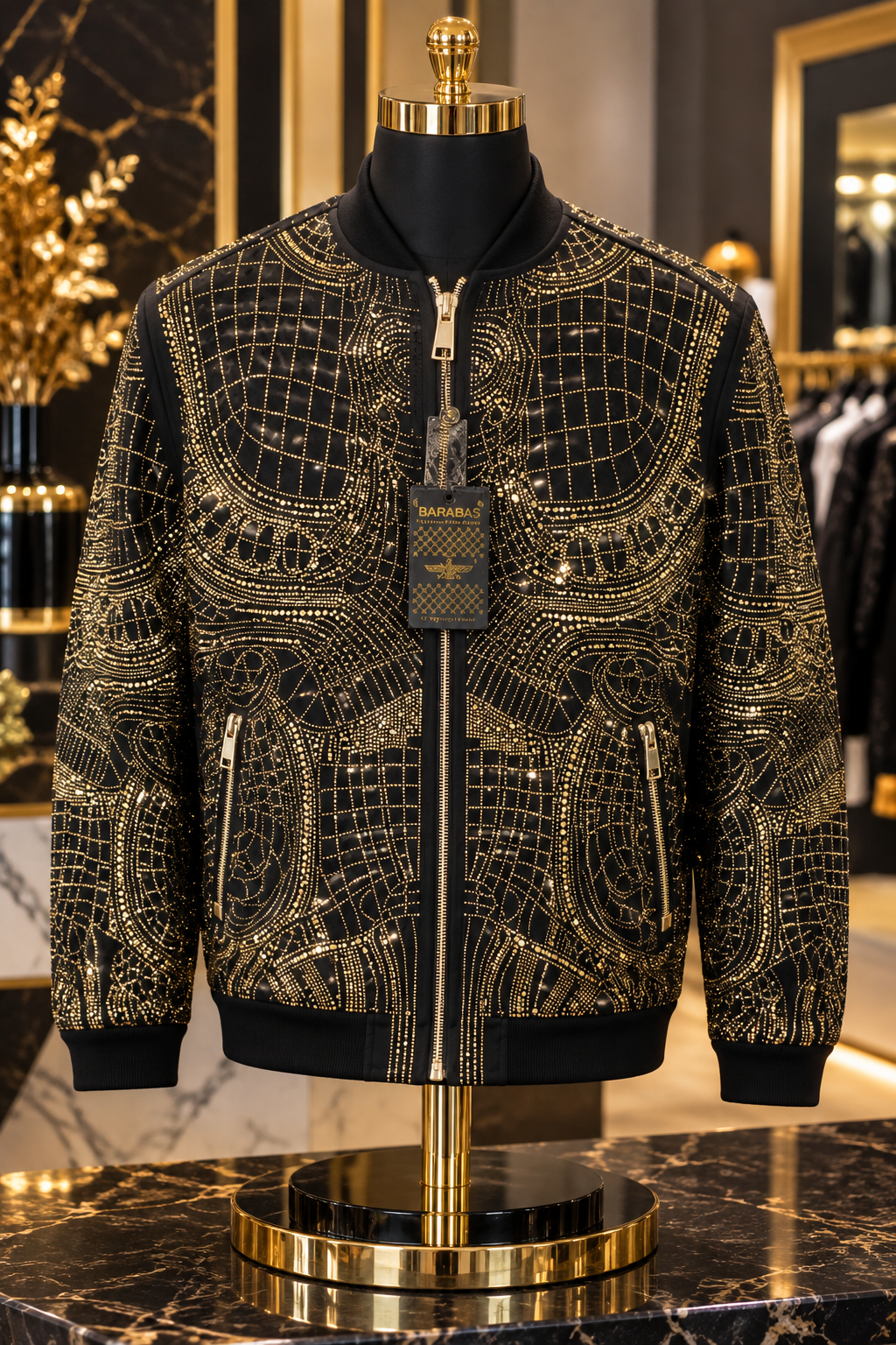 Men’s Black Rhinestone Bomber Jacket – Luxury Geometric Sparkle – Party / Stage / Designer Statement Wear