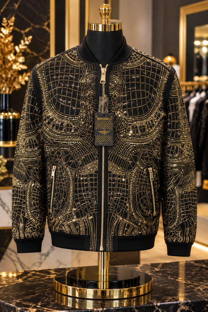 Men’s Black Rhinestone Bomber Jacket – Luxury Geometric Sparkle – Party / Stage / Designer Statement Wear