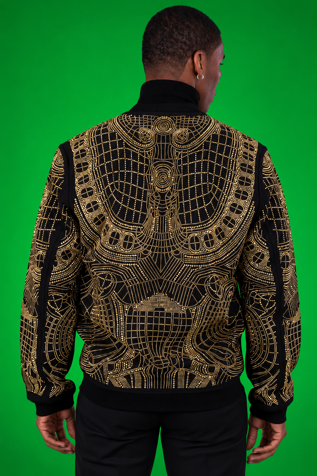 Men’s Black Rhinestone Bomber Jacket – Luxury Geometric Sparkle – Party / Stage / Designer Statement Wear