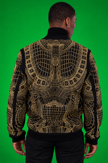 Men’s Black Rhinestone Bomber Jacket – Luxury Geometric Sparkle – Party / Stage / Designer Statement Wear