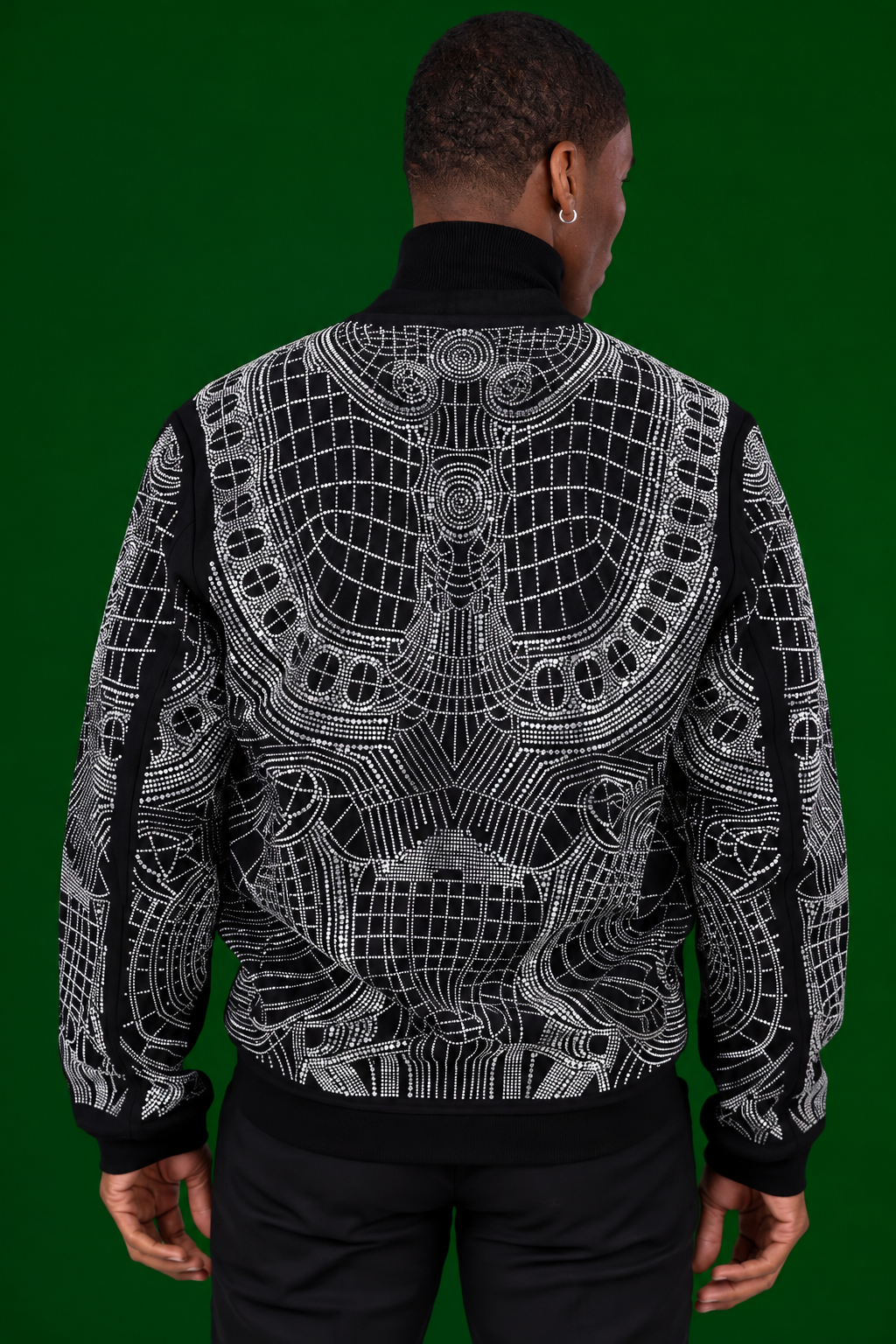 Men’s Black Rhinestone Bomber Jacket – Luxury Geometric Sparkle – Party / Stage / Designer Statement Wear