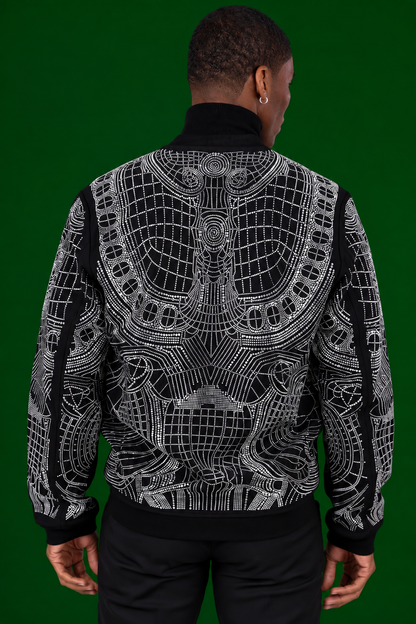 Men’s Black Rhinestone Bomber Jacket – Luxury Geometric Sparkle – Party / Stage / Designer Statement Wear