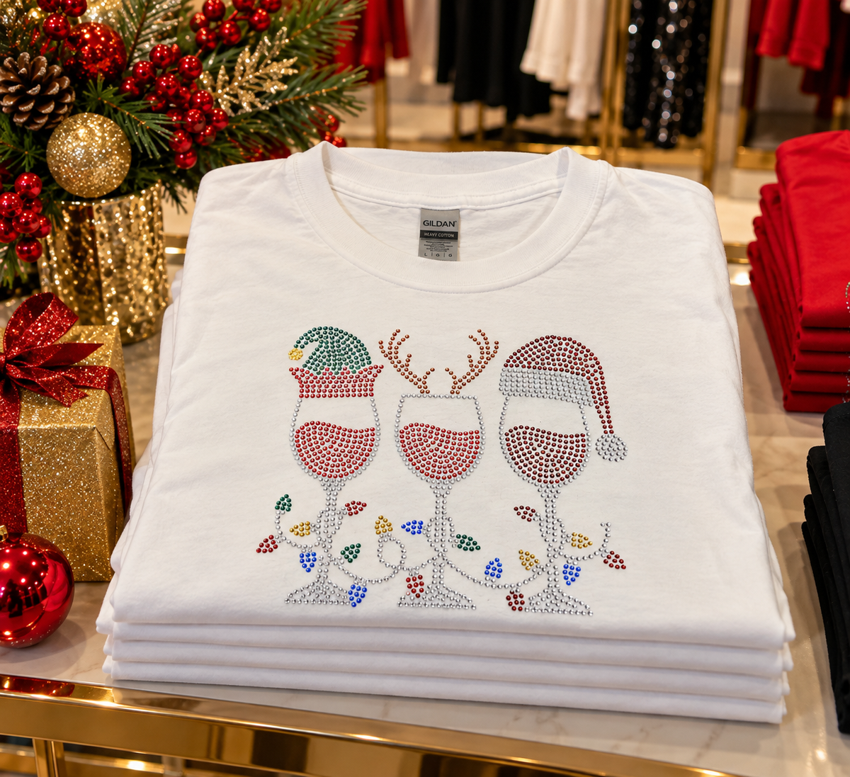 Christmas Rhinestone Wine Glass Tee