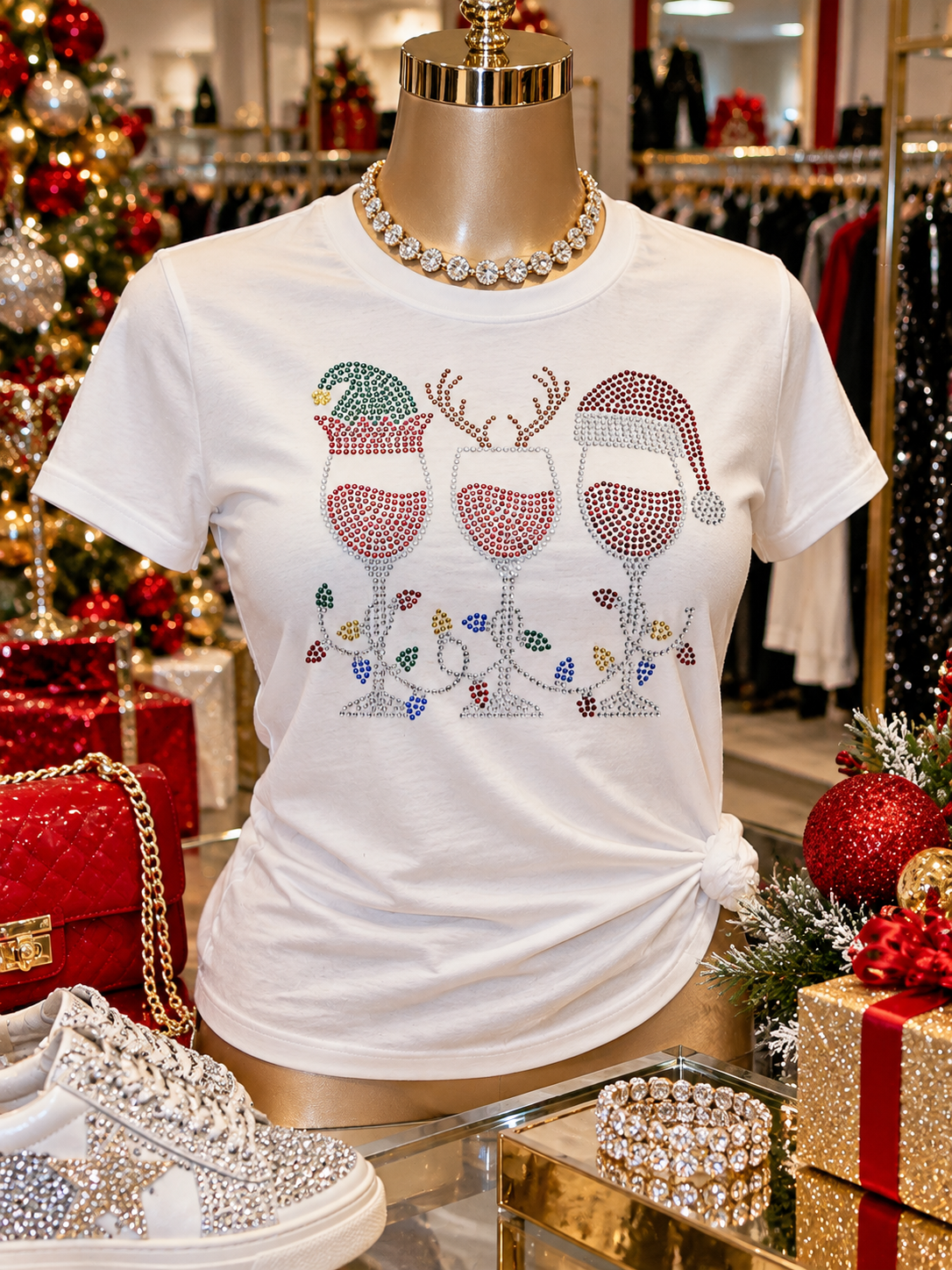 Christmas Rhinestone Wine Glass Tee