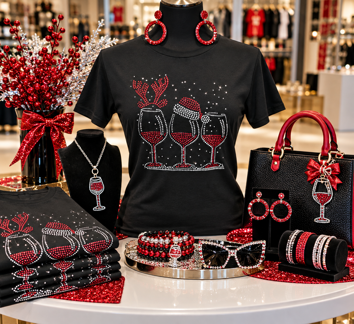 Christmas Wine Glass Rhinestone Tee