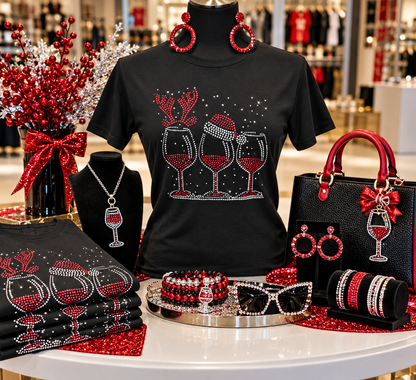 Christmas Wine Glass Rhinestone Tee