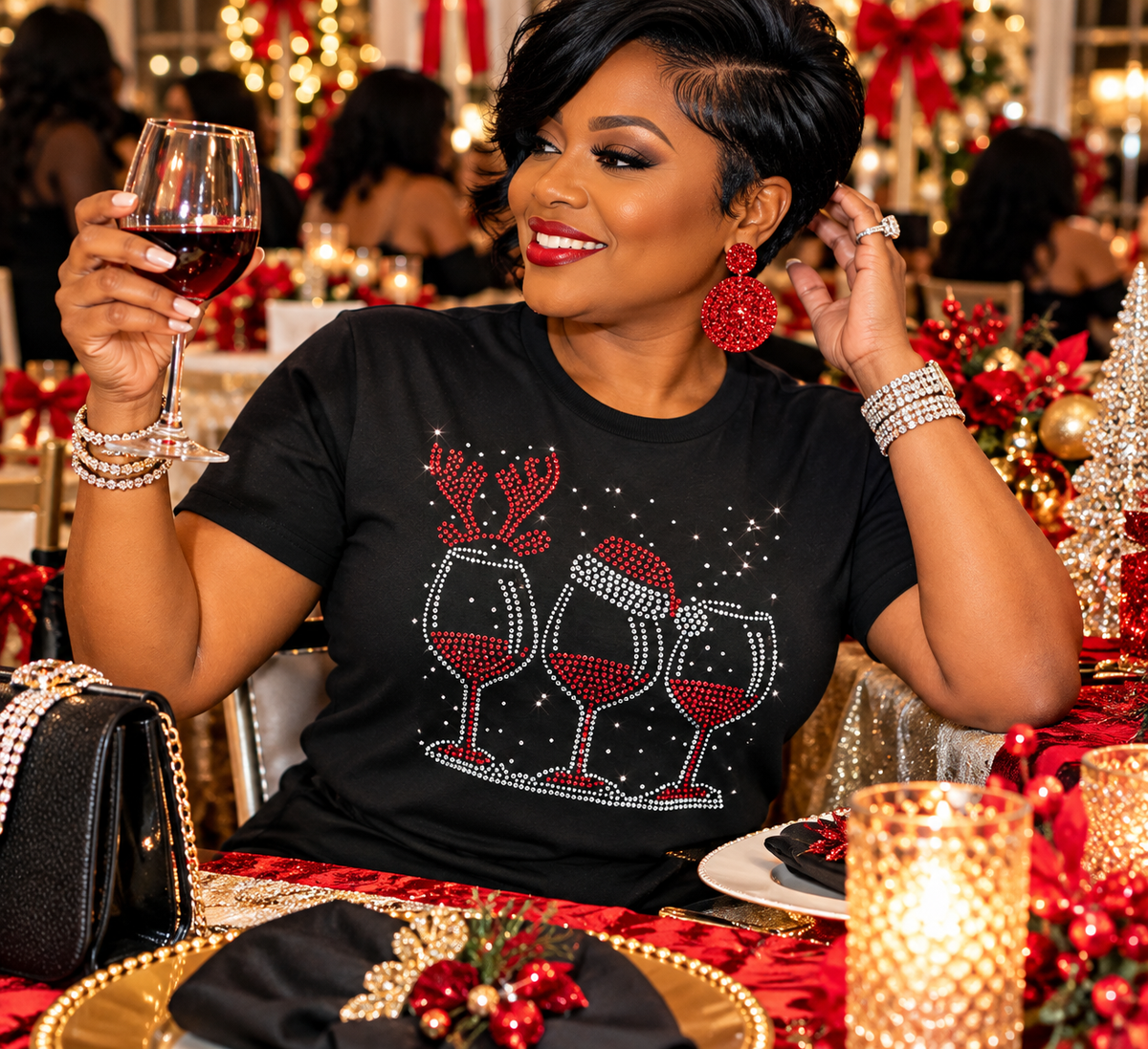 Christmas Wine Glass Rhinestone Tee