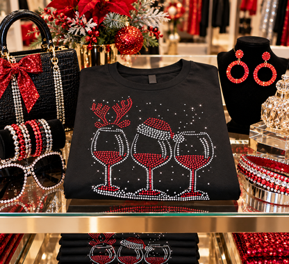 Christmas Wine Glass Rhinestone Tee