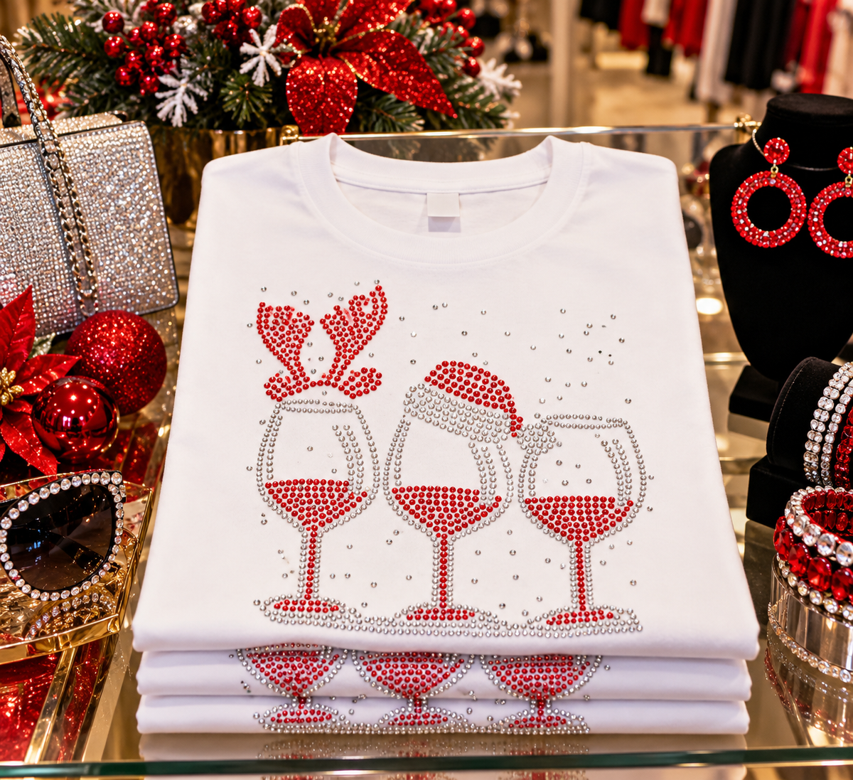 Christmas Wine Glass Rhinestone Tee