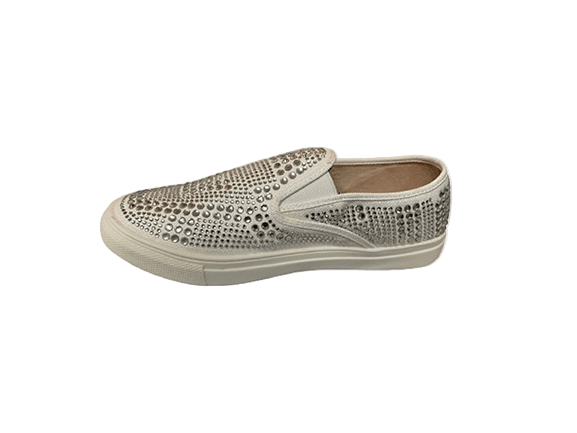 Silver slip-on shoe with embellishments on a white background
