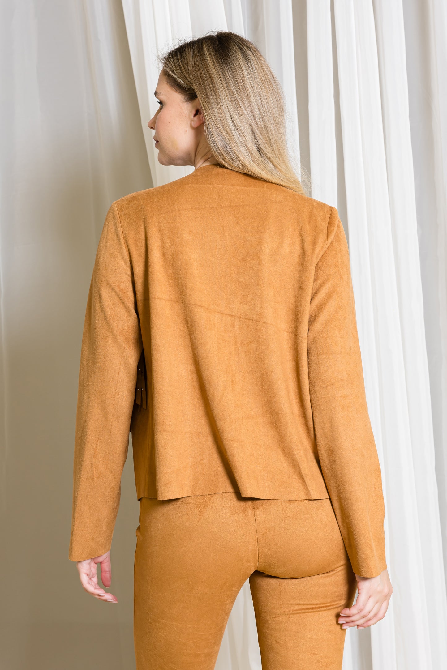 Studded Fringe Long-Sleeve Suede Jacket