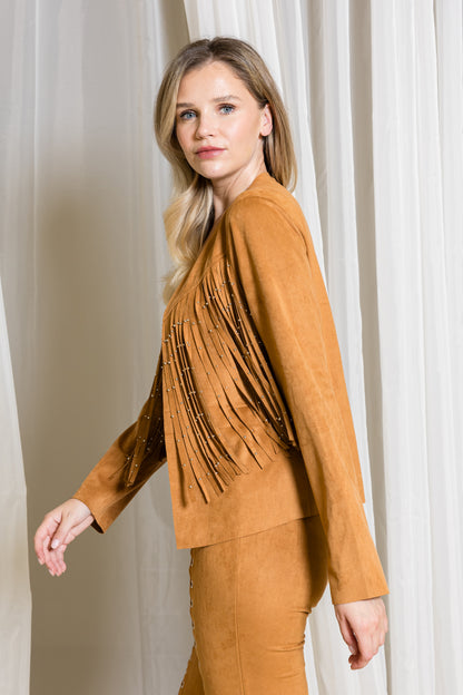 Studded Fringe Long-Sleeve Suede Jacket