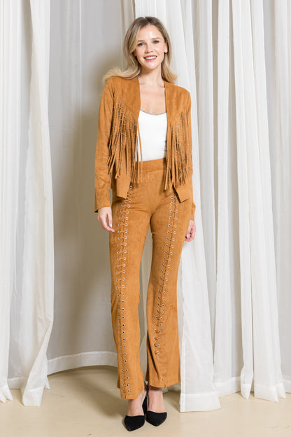 Studded Fringe Long-Sleeve Suede Jacket