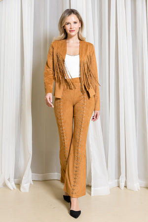 Studded Fringe Long-Sleeve Suede Jacket