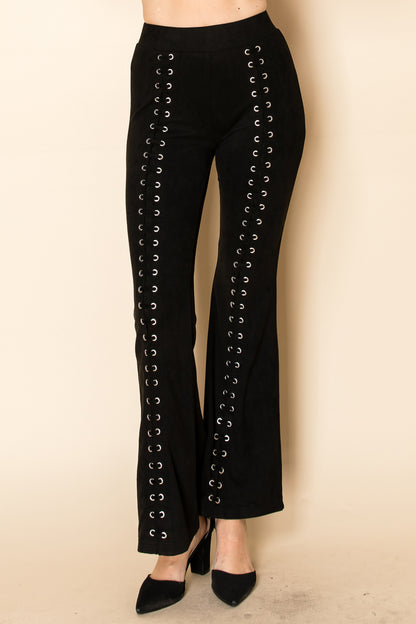 Suede Eyelet Lace-Up Flare Pants