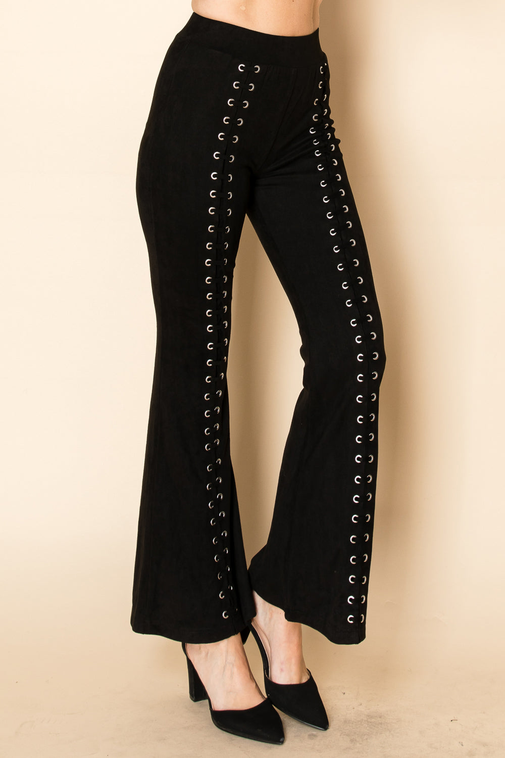 Suede Eyelet Lace-Up Flare Pants