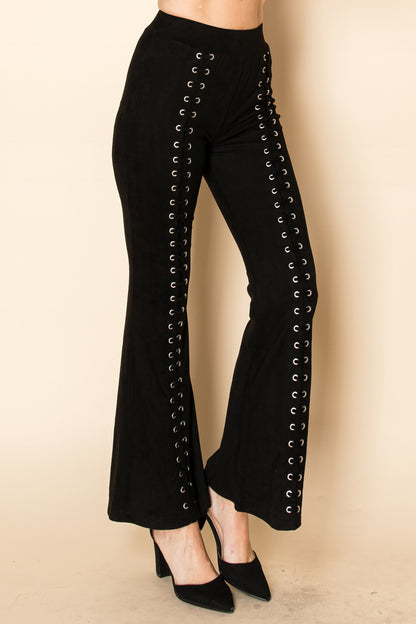 Suede Eyelet Lace-Up Flare Pants