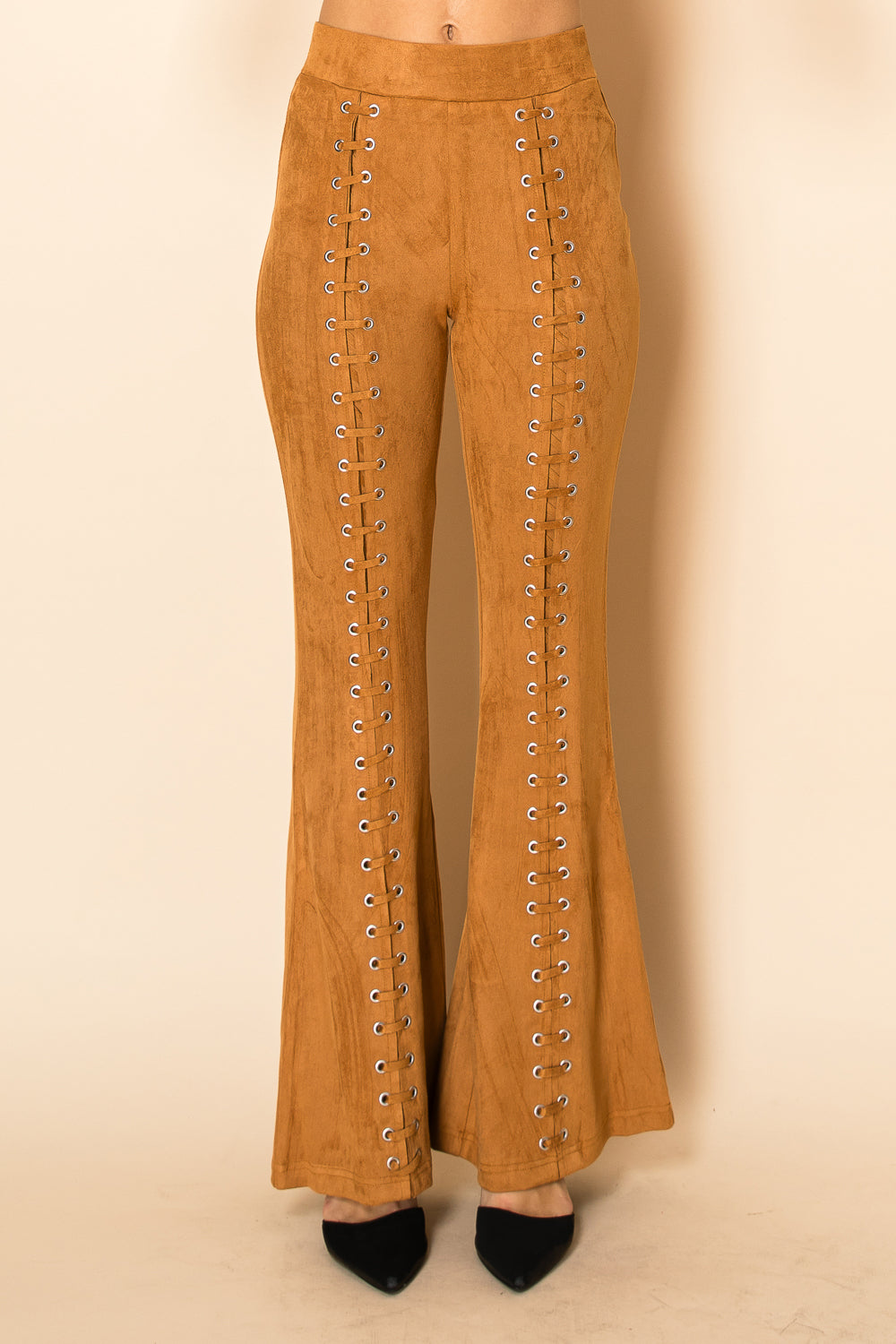 Suede Eyelet Lace-Up Flare Pants