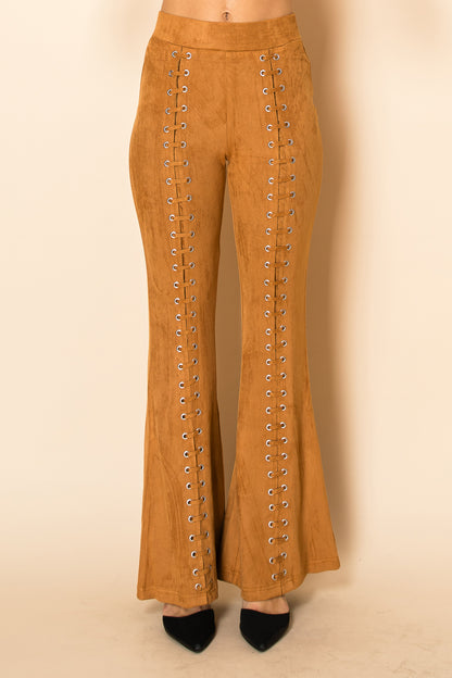 Suede Eyelet Lace-Up Flare Pants
