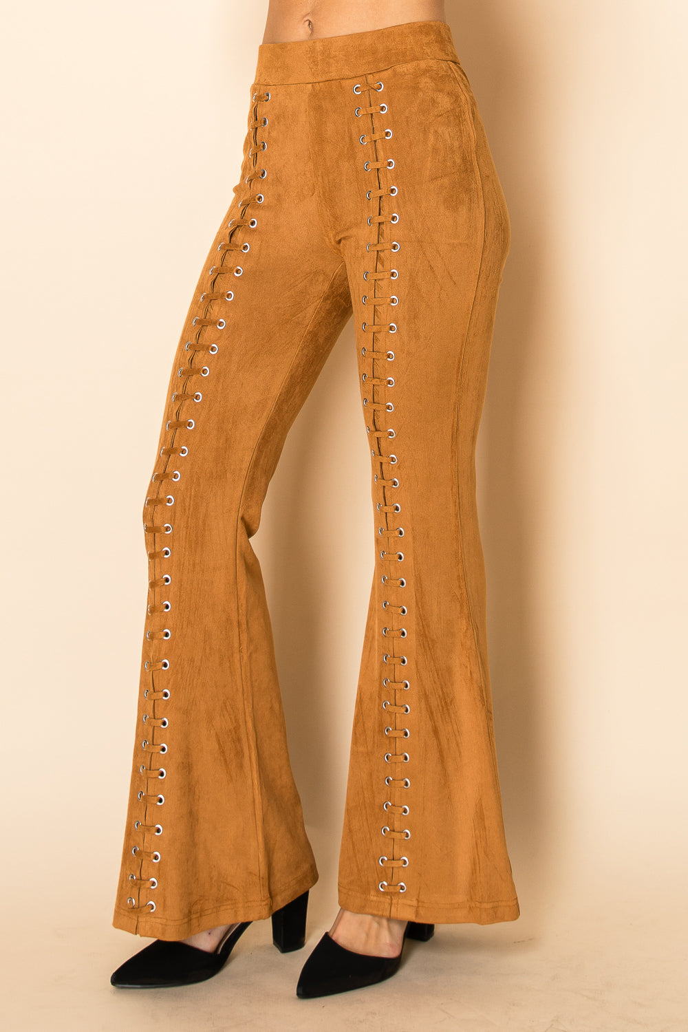 Suede Eyelet Lace-Up Flare Pants
