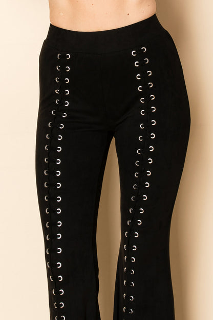 Suede Eyelet Lace-Up Flare Pants
