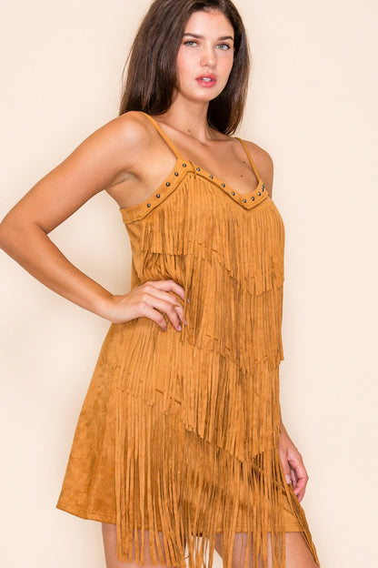 Solid Color Fringe Layered Mini Dress
