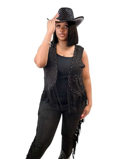 Suede Fringe Vest with Stud Detailing