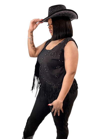 Suede Fringe Vest with Stud Detailing