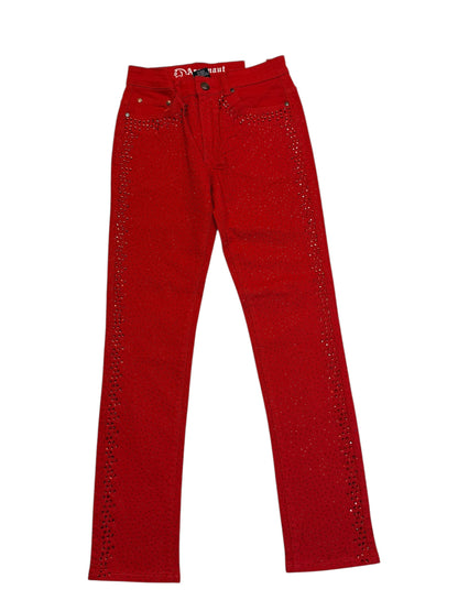 Men’s Rhinestone Studded Denim Jeans – Black & Red Slim Fit