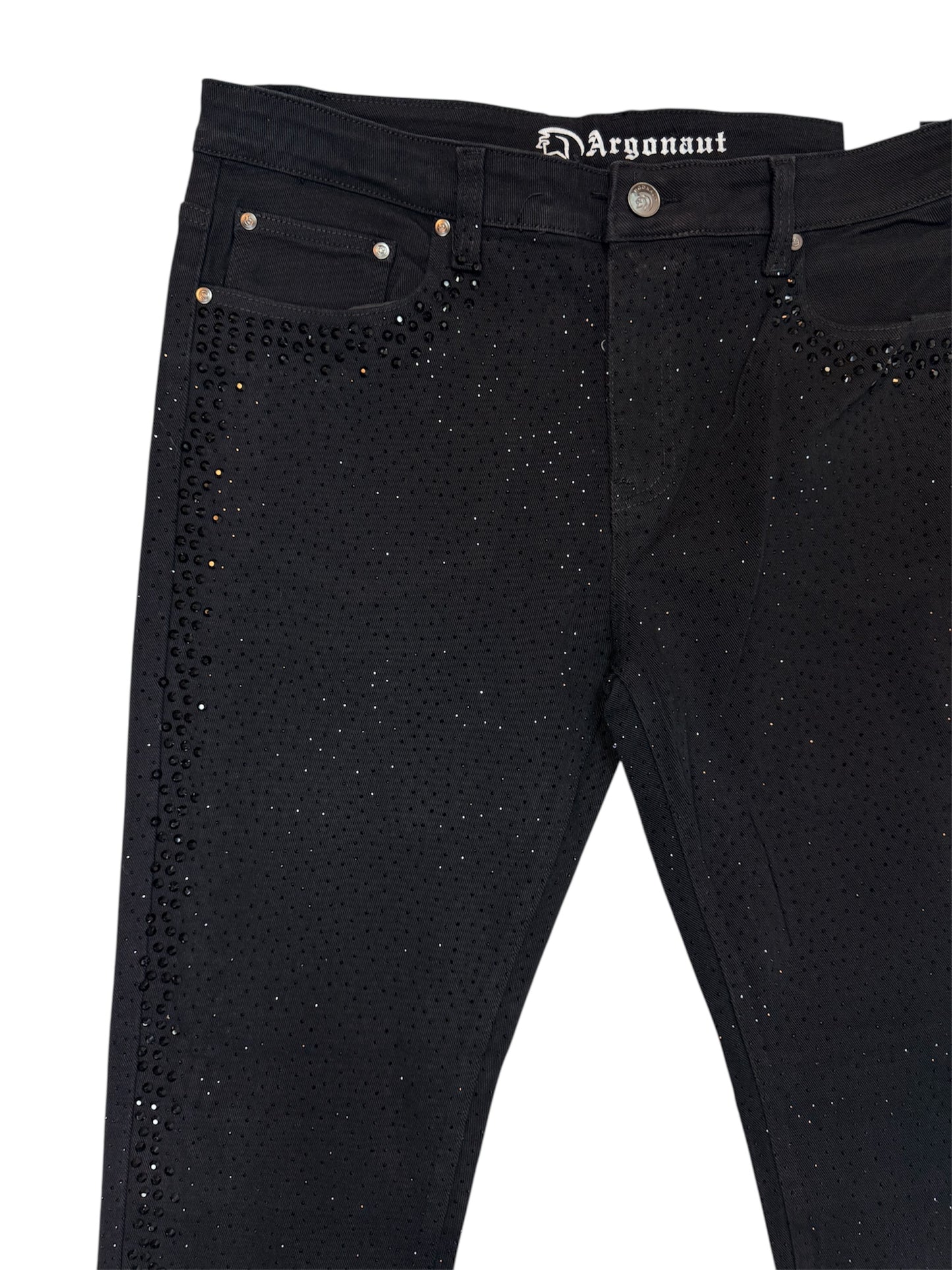 Men’s Rhinestone Studded Denim Jeans – Black & Red Slim Fit