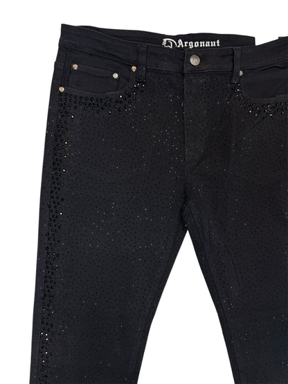 Men’s Rhinestone Studded Denim Jeans – Black & Red Slim Fit