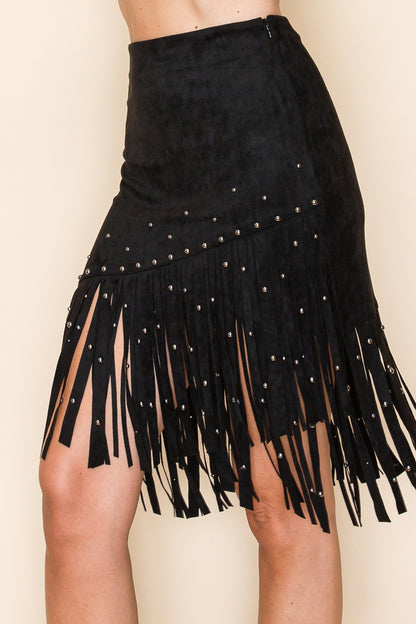 Suede Fringe Studded Skirt