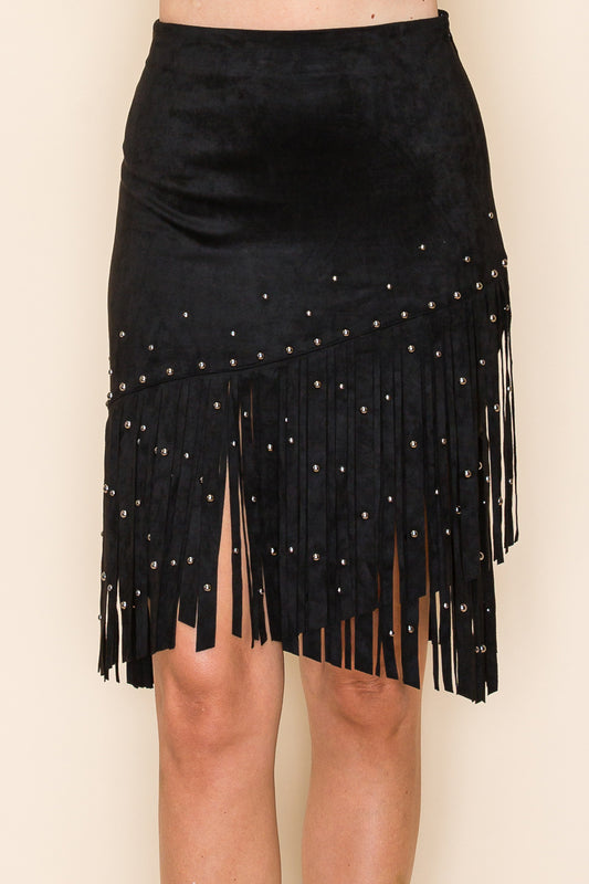 Suede Fringe Studded Skirt