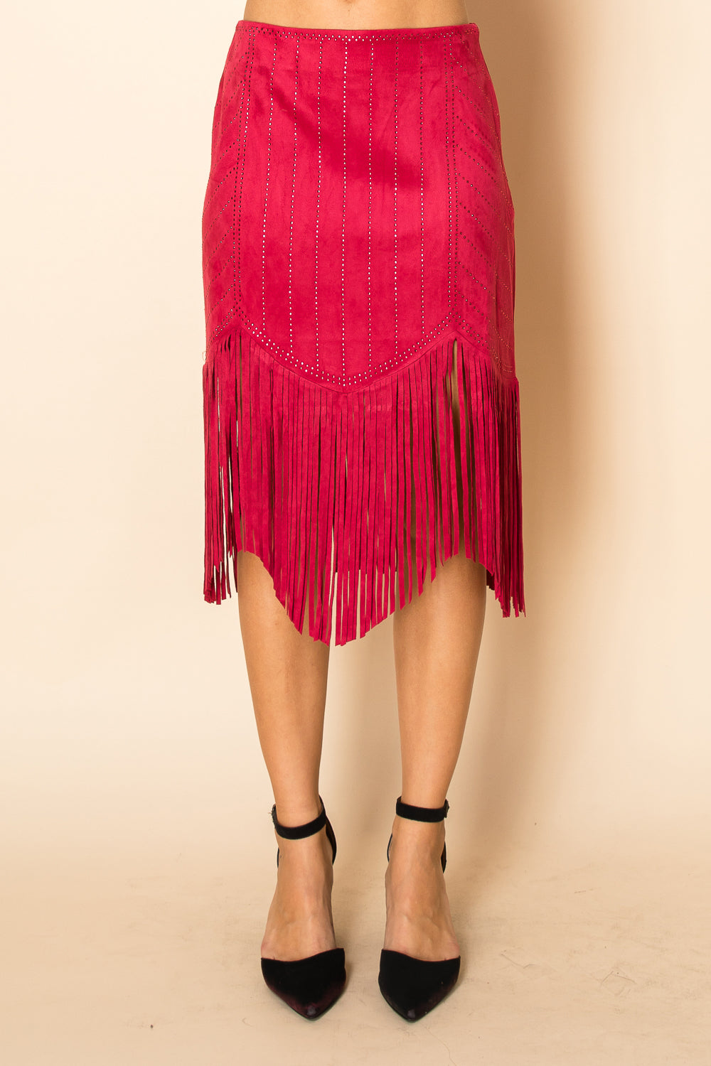 High-Waisted Suede Fringe Skirt