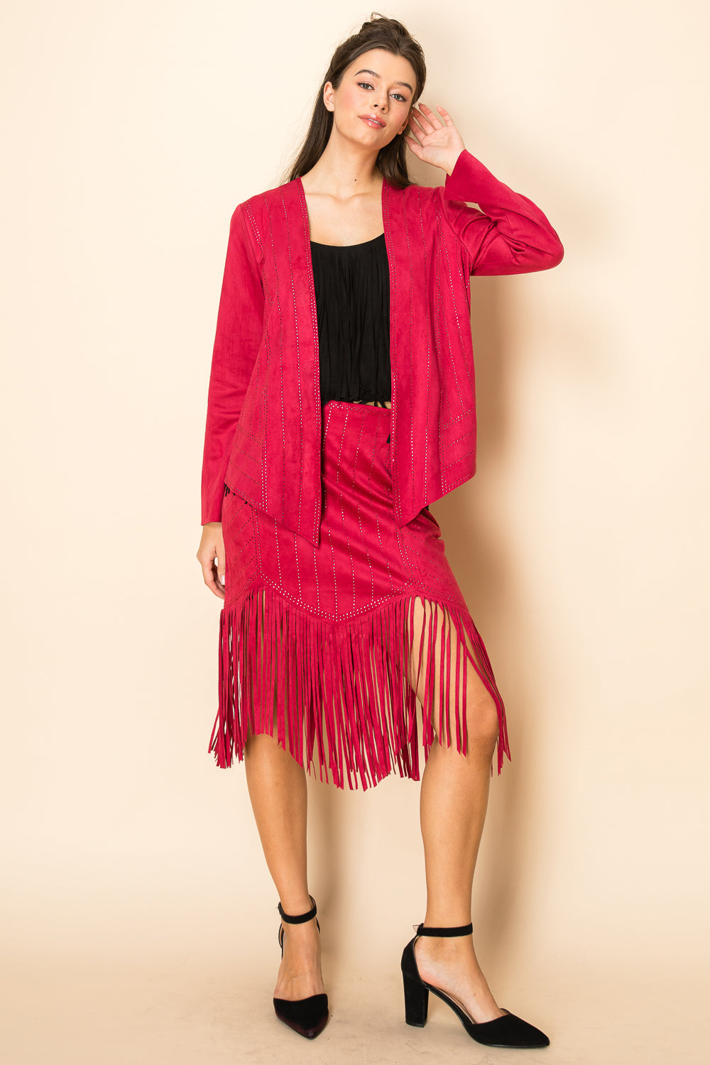 High-Waisted Suede Fringe Skirt