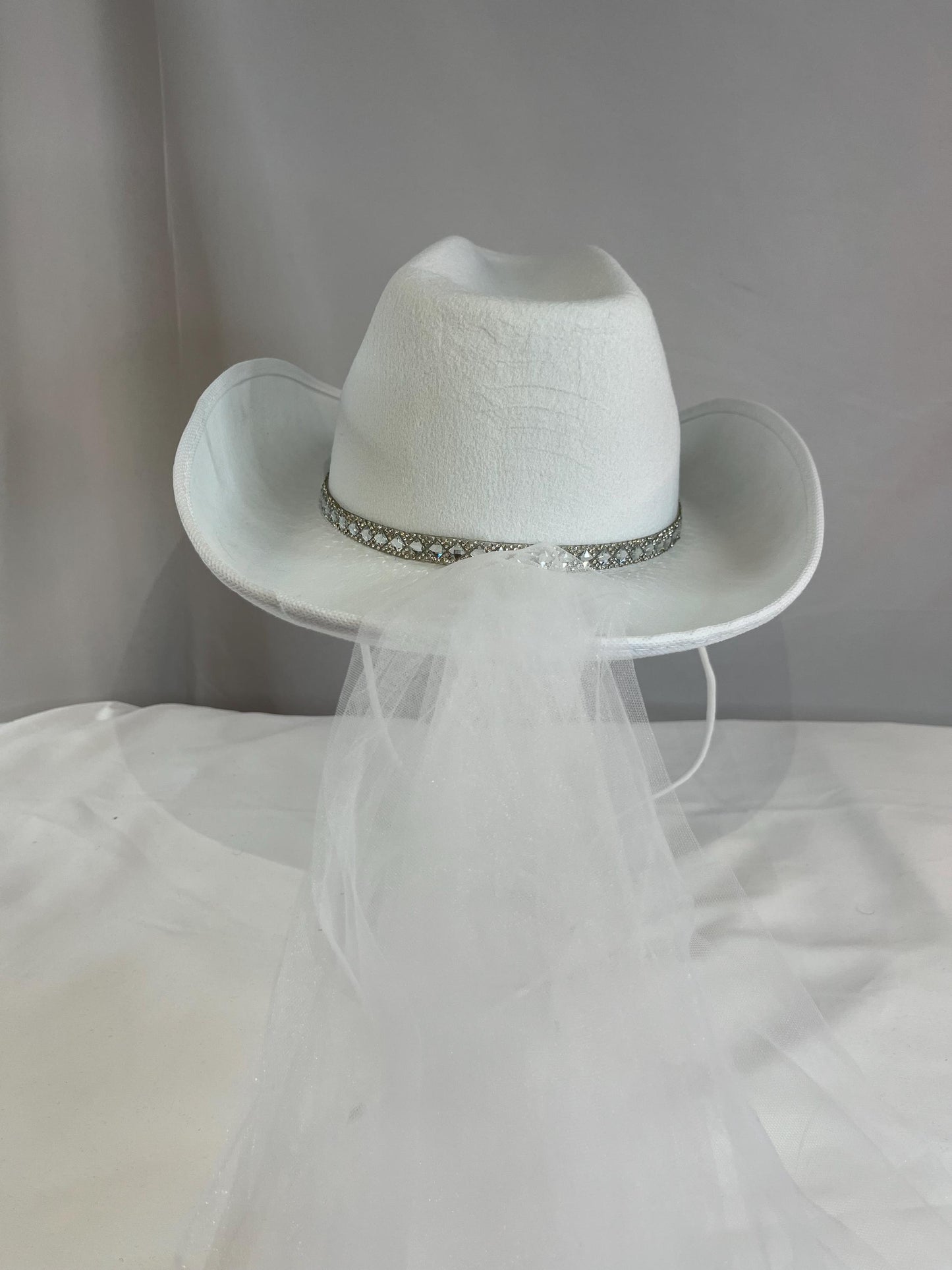 Cowboy Hat with Crystal 'BRIDE' Letters, Rhinestone Trim, and Tulle Veil Attachment