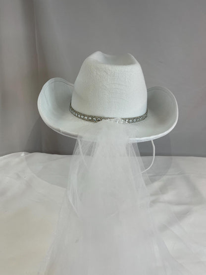 Cowboy Hat with Crystal 'BRIDE' Letters, Rhinestone Trim, and Tulle Veil Attachment
