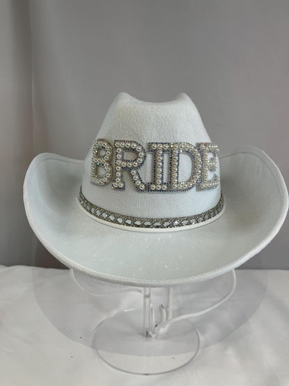 Cowboy Hat with Crystal 'BRIDE' Letters, Rhinestone Trim, and Tulle Veil Attachment